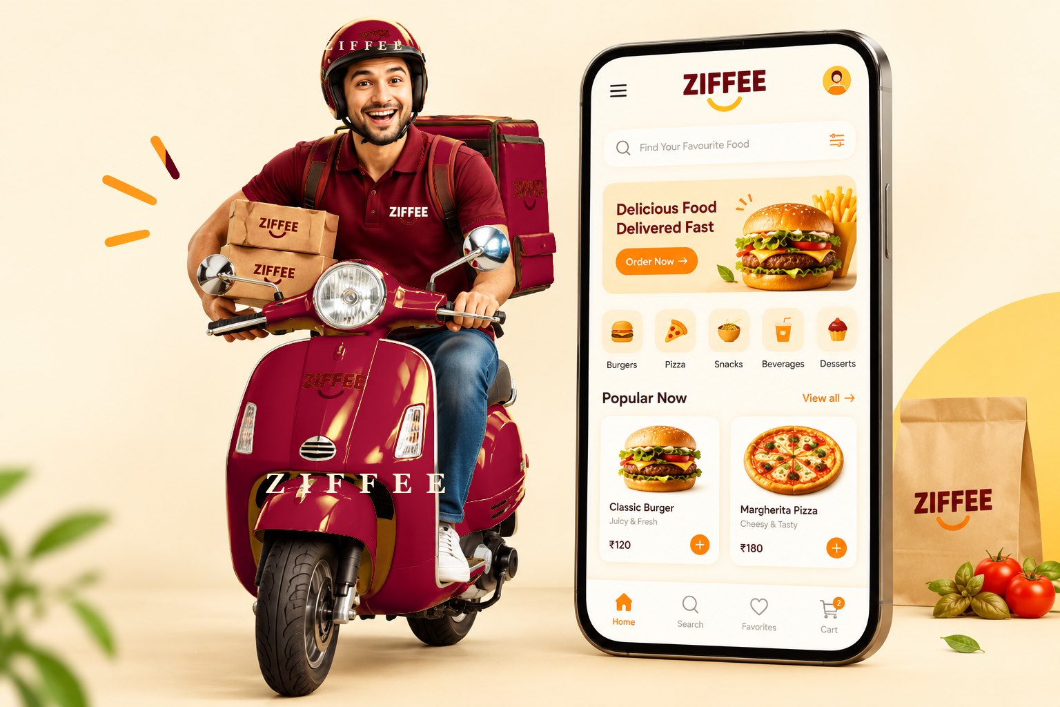 ZIFFEE Food Delivery Adventure artwork — a lively food delivery scene in ZIFFEE's cream and wine colours.